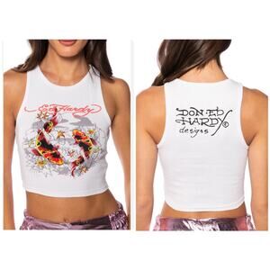 ED HARDY Koi Fish Ribbed Tank Crop Top Vintage Retro Streetwear Size XS